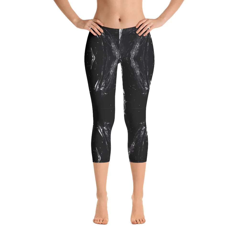 Black Marble Capri Leggings, Marbled Print Best Abstract Women's Capris Tights-Made in USA/EU