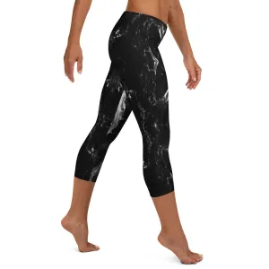 Black Marble Capri Leggings, Marbled Print Best Abstract Women's Capris Tights-Made in USA/EU