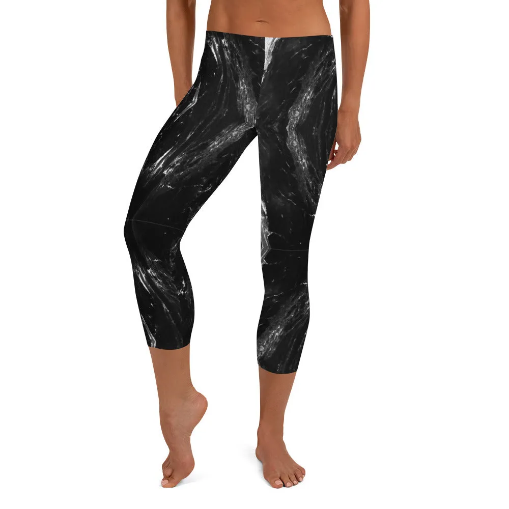 Black Marble Capri Leggings, Marbled Print Best Abstract Women's Capris Tights-Made in USA/EU