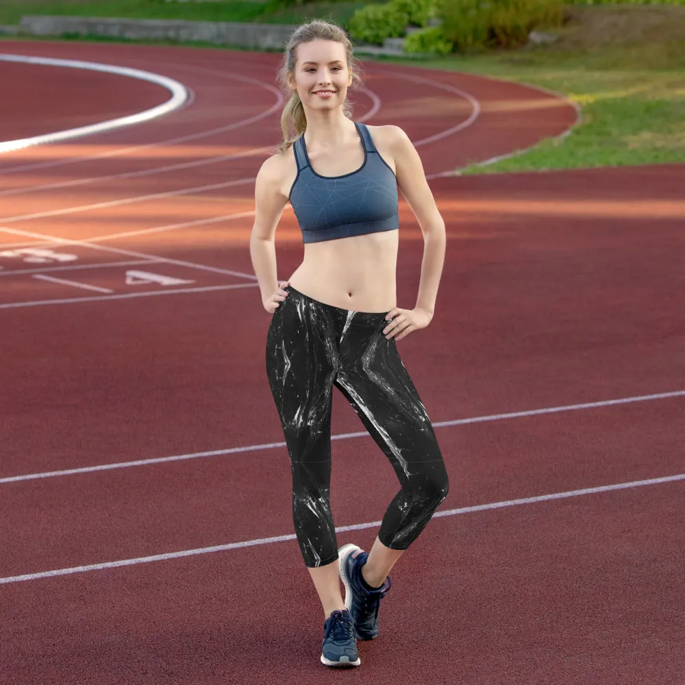 Black Marble Capri Leggings, Marbled Print Best Abstract Women's Capris Tights-Made in USA/EU