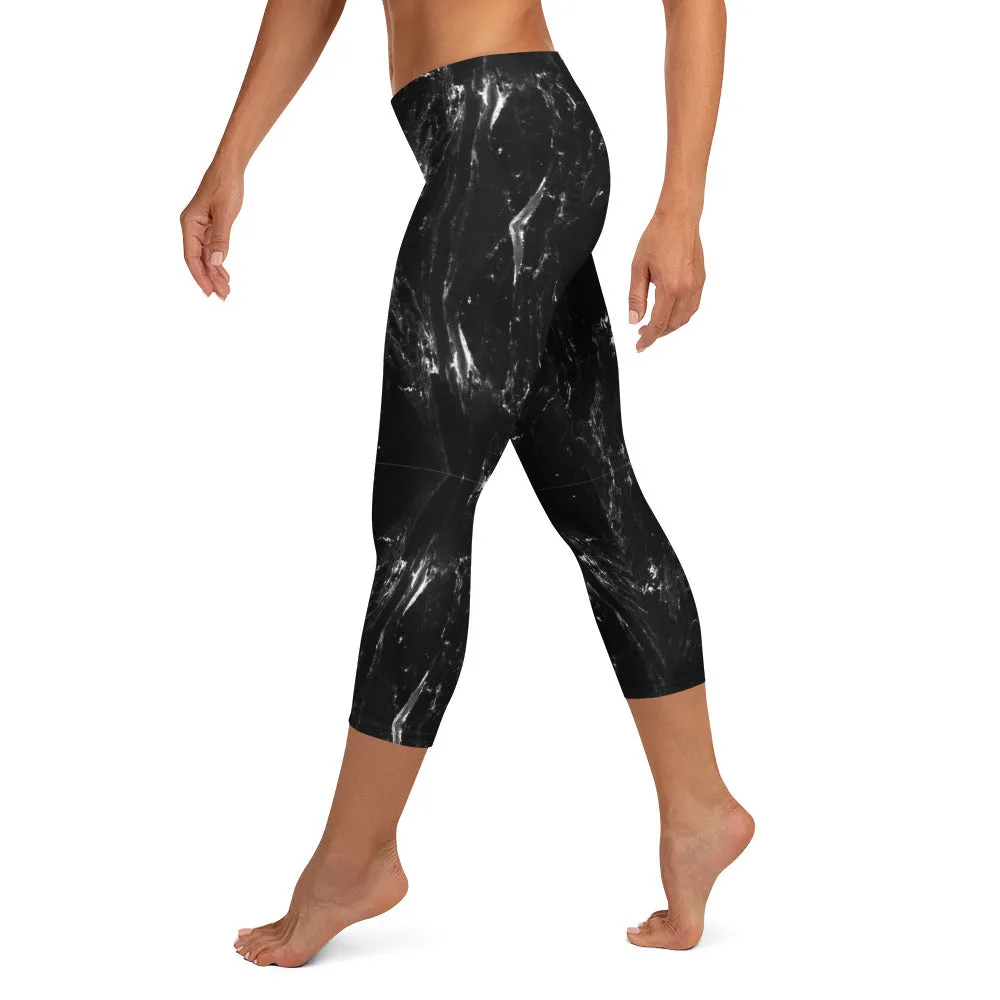 Black Marble Capri Leggings, Marbled Print Best Abstract Women's Capris Tights-Made in USA/EU