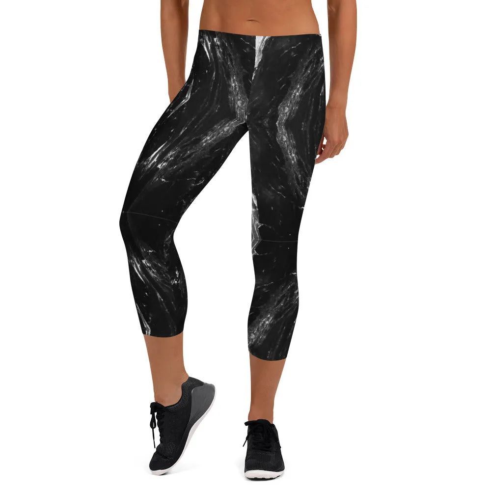 Black Marble Capri Leggings, Marbled Print Best Abstract Women's Capris Tights-Made in USA/EU