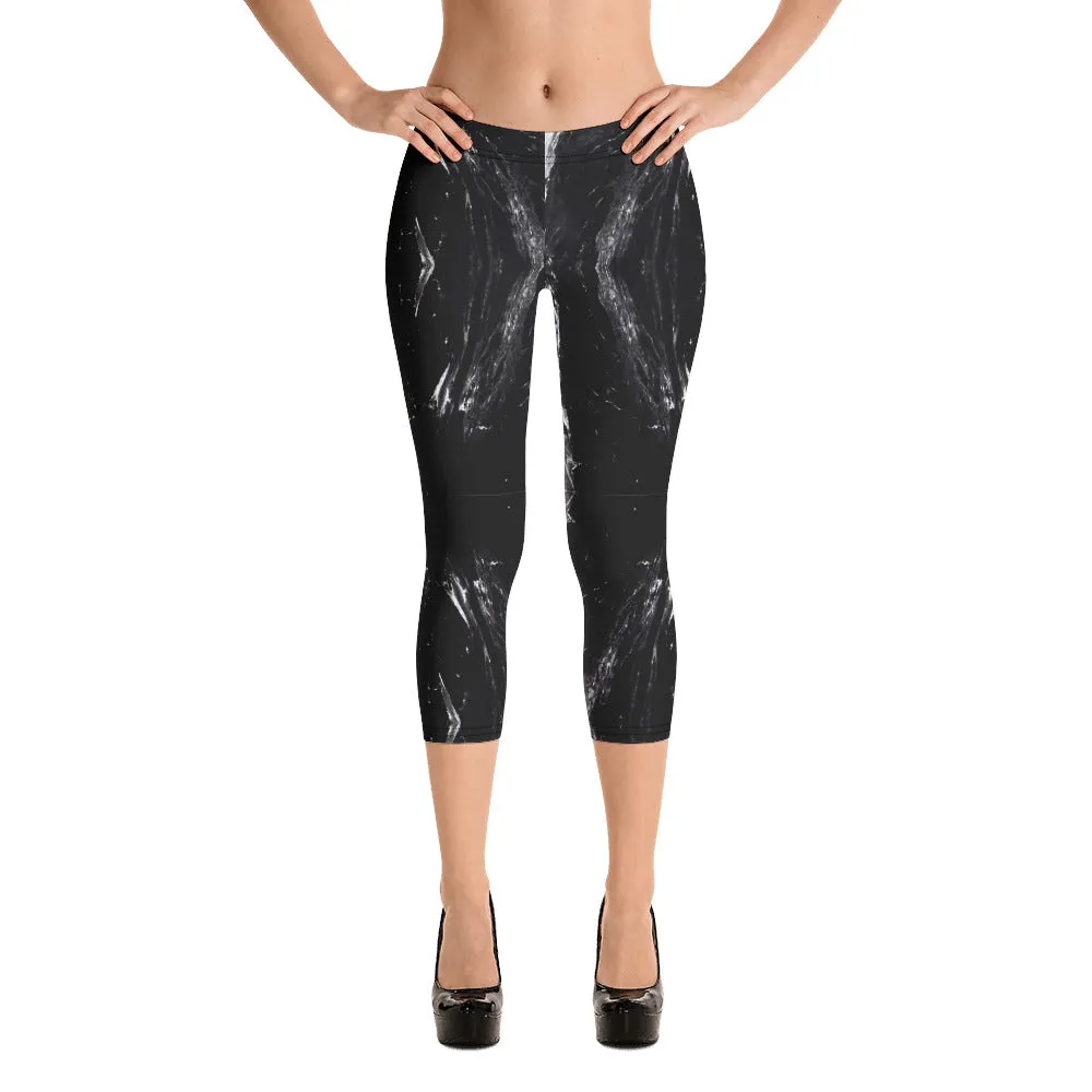 Black Marble Capri Leggings, Marbled Print Best Abstract Women's Capris Tights-Made in USA/EU