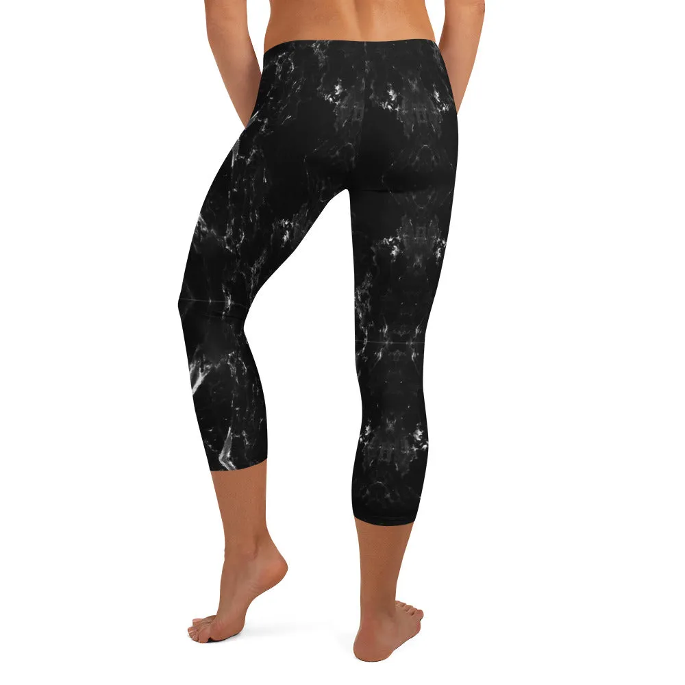 Black Marble Capri Leggings, Marbled Print Best Abstract Women's Capris Tights-Made in USA/EU