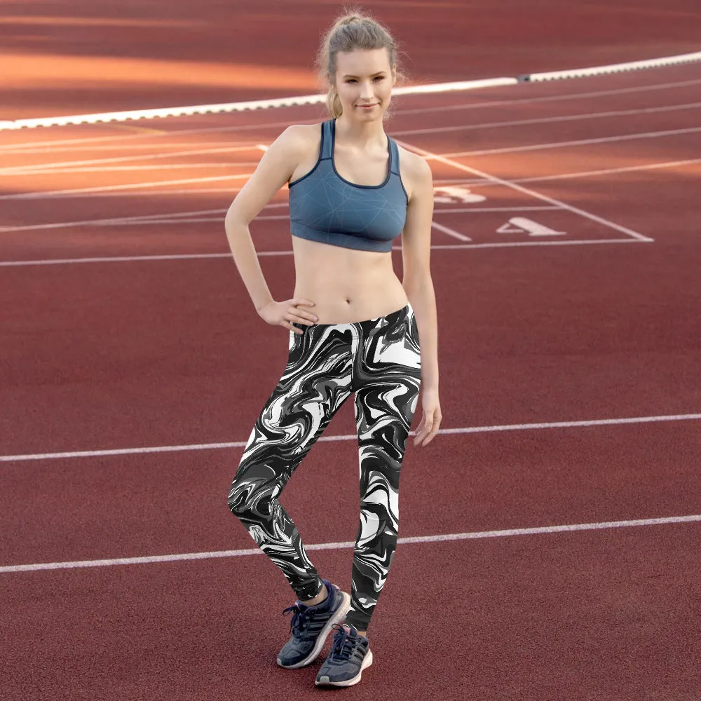 Black White Marbled Casual Leggings, Abstract Marble Print Women's Tights-Made in USA/EU