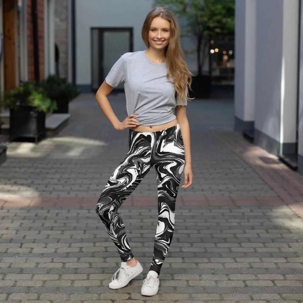 Black White Marbled Casual Leggings, Abstract Marble Print Women's Tights-Made in USA/EU