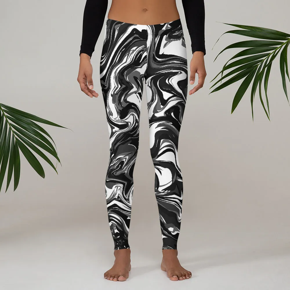 Black White Marbled Casual Leggings, Abstract Marble Print Women's Tights-Made in USA/EU