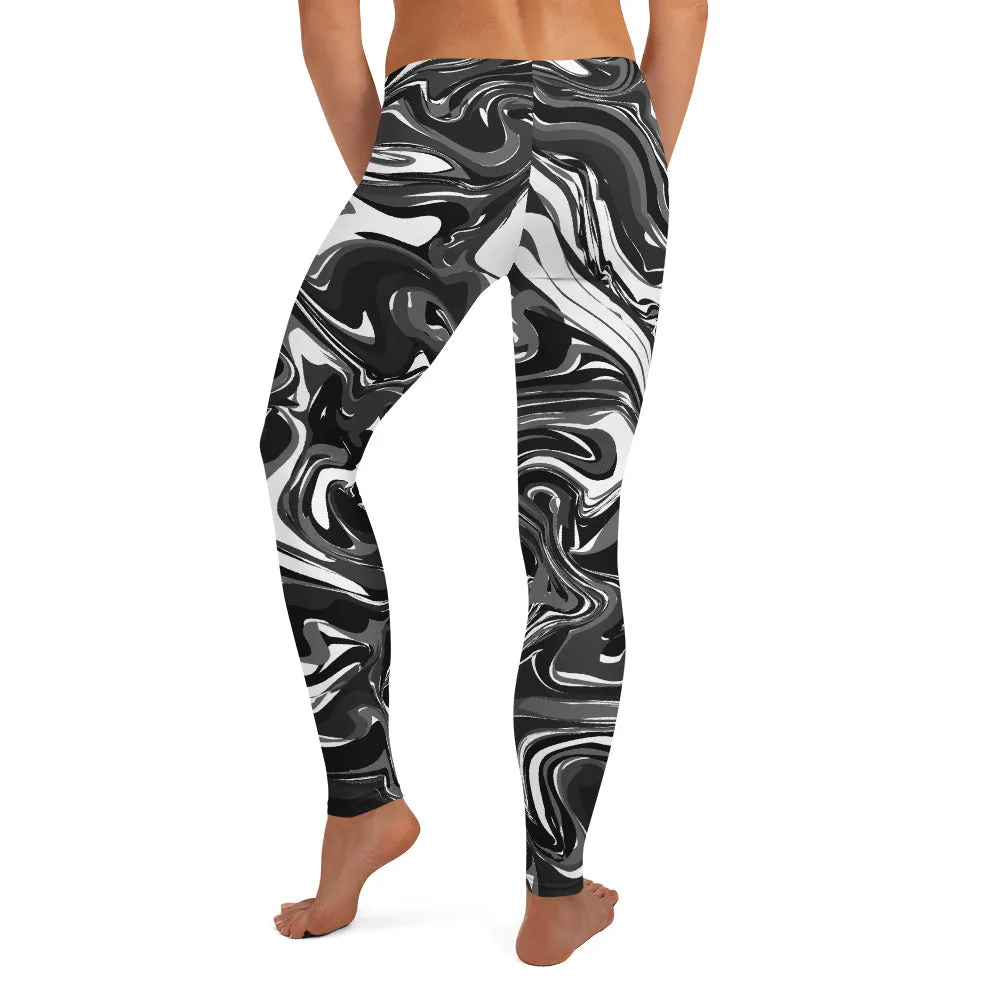 Black White Marbled Casual Leggings, Abstract Marble Print Women's Tights-Made in USA/EU