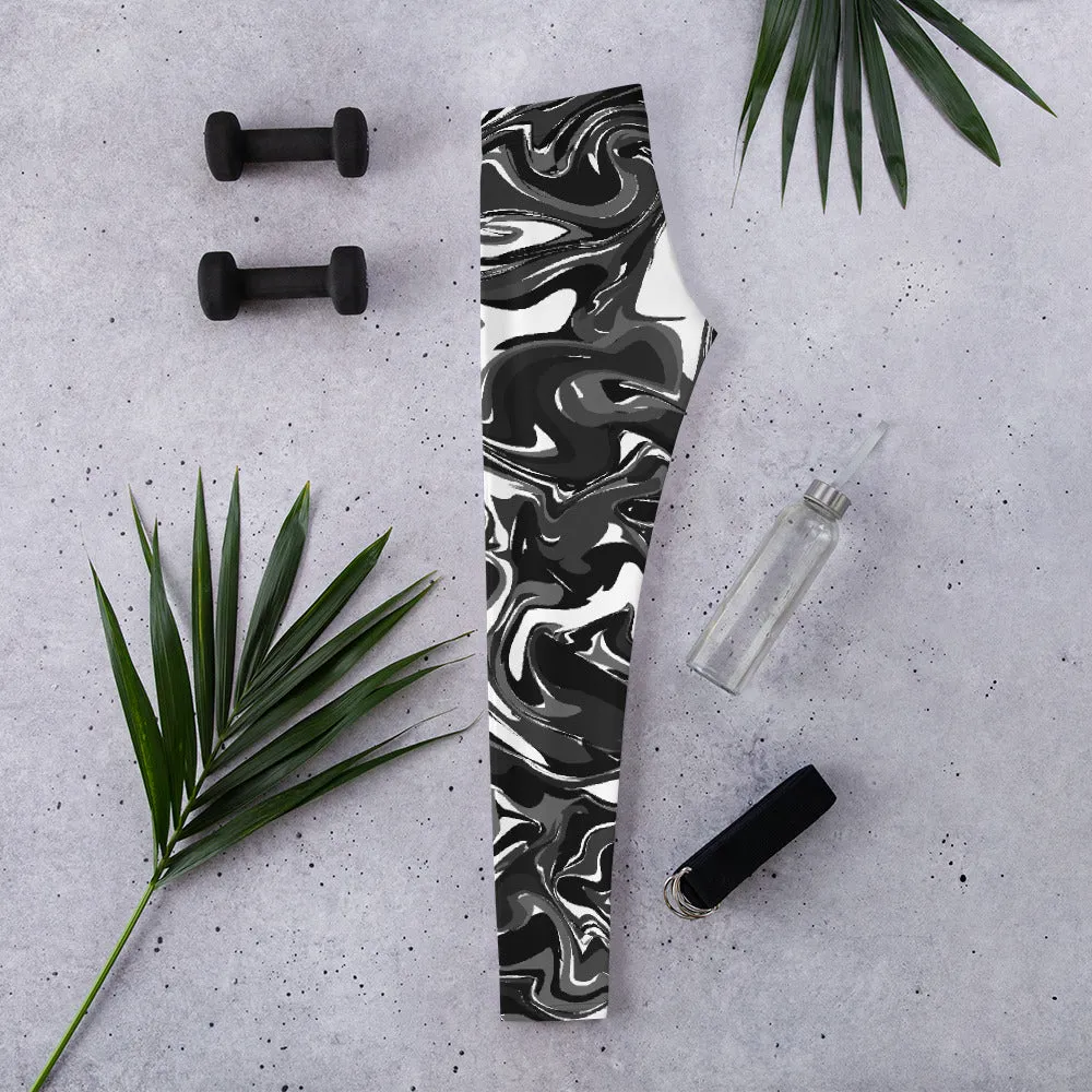 Black White Marbled Casual Leggings, Abstract Marble Print Women's Tights-Made in USA/EU