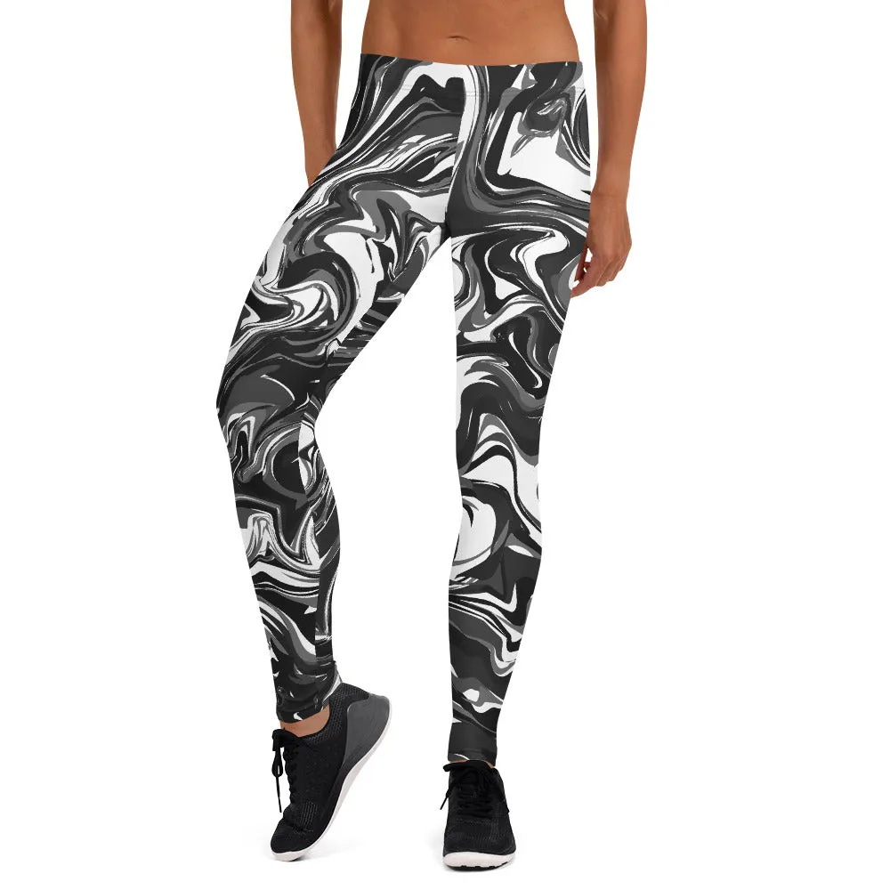 Black White Marbled Casual Leggings, Abstract Marble Print Women's Tights-Made in USA/EU