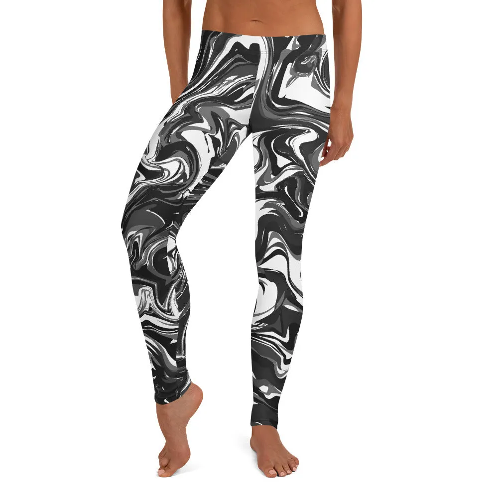 Black White Marbled Casual Leggings, Abstract Marble Print Women's Tights-Made in USA/EU