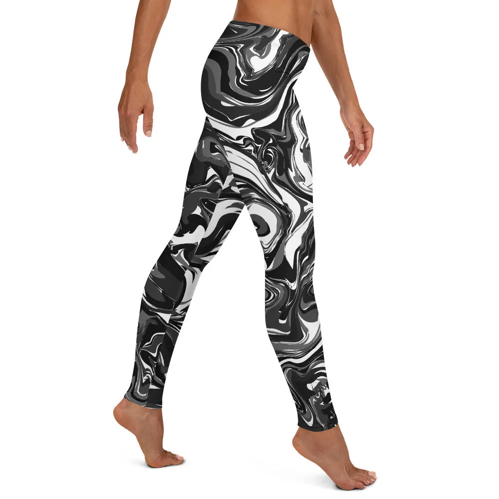 Black White Marbled Casual Leggings, Abstract Marble Print Women's Tights-Made in USA/EU