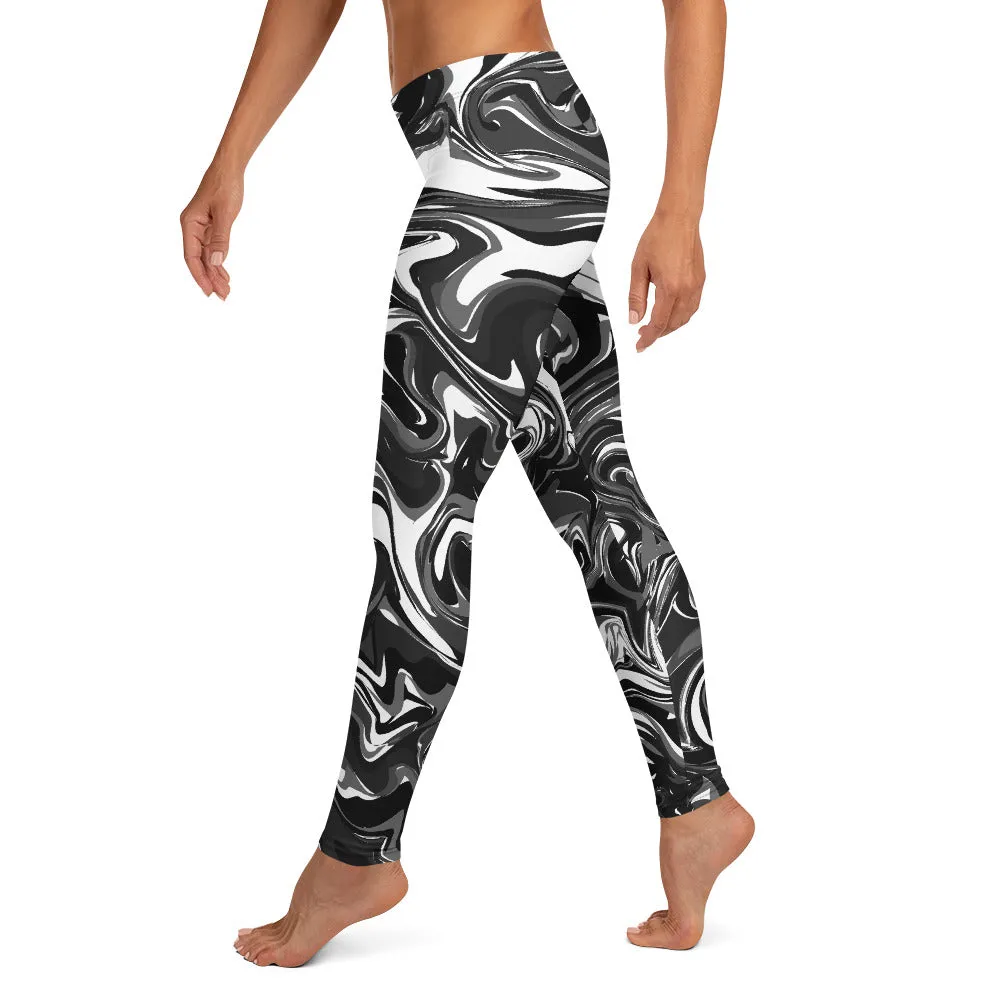 Black White Marbled Casual Leggings, Abstract Marble Print Women's Tights-Made in USA/EU