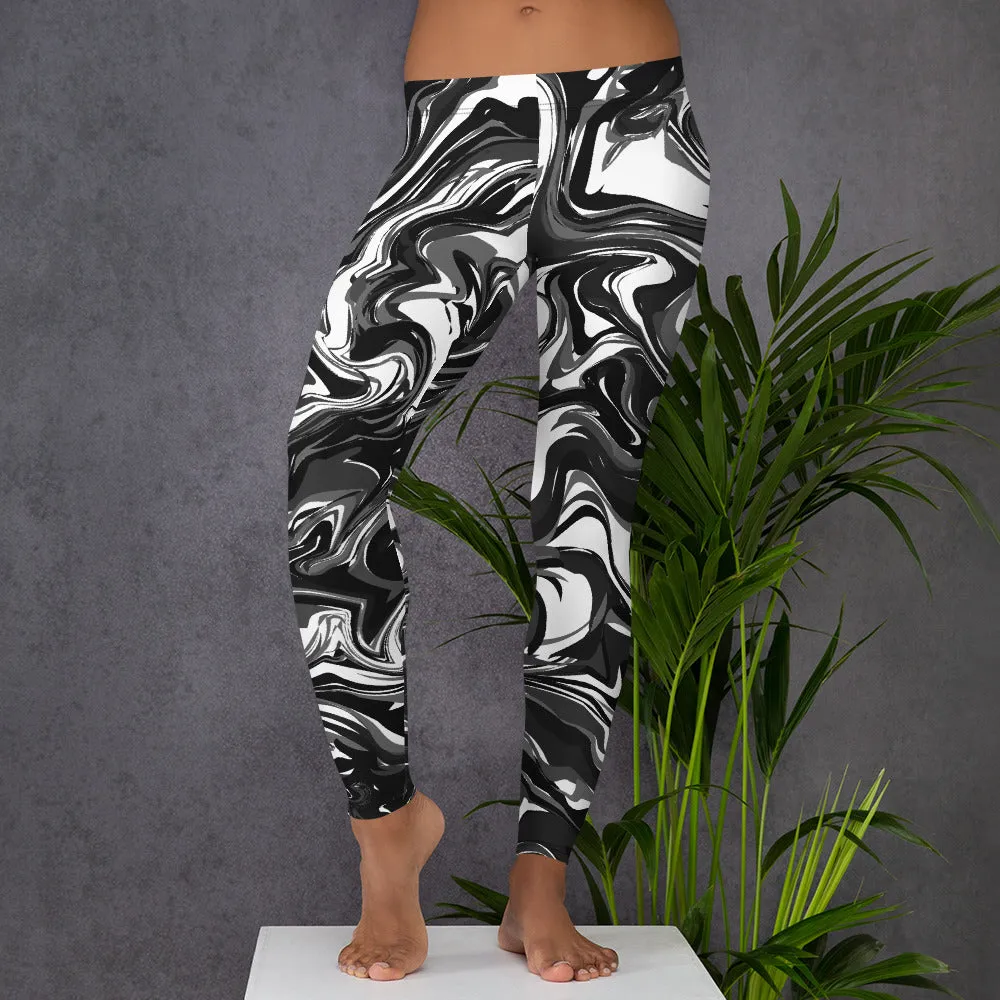 Black White Marbled Casual Leggings, Abstract Marble Print Women's Tights-Made in USA/EU