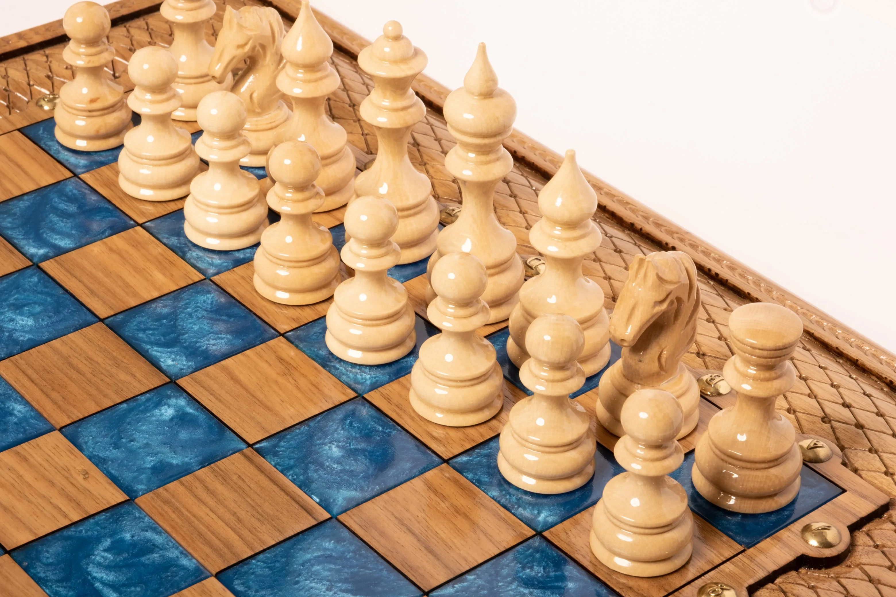 Blue Epoxy Classic Chess with Backgammon. Made for parashuteHome.