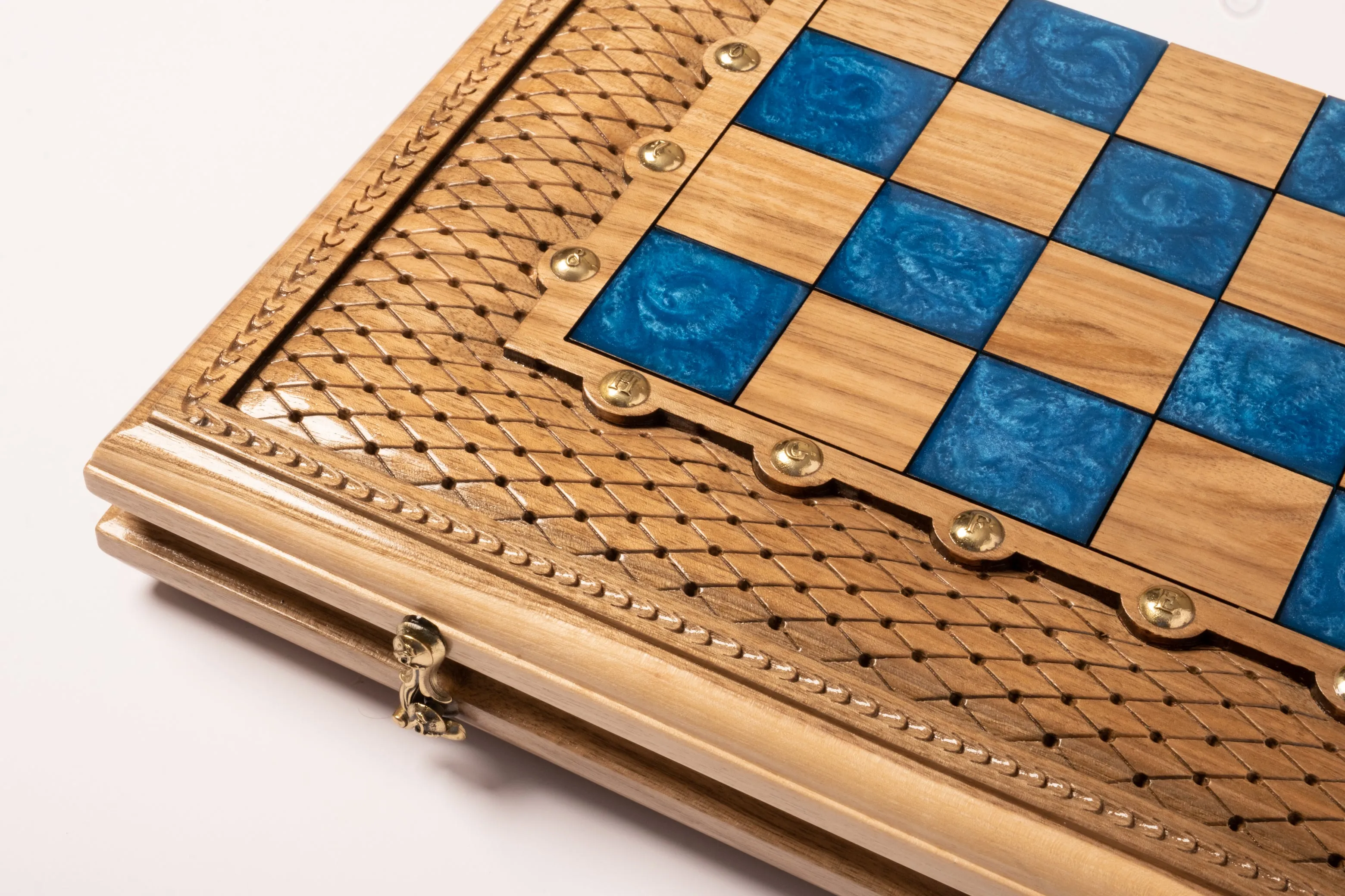 Blue Epoxy Classic Chess with Backgammon. Made for parashuteHome.