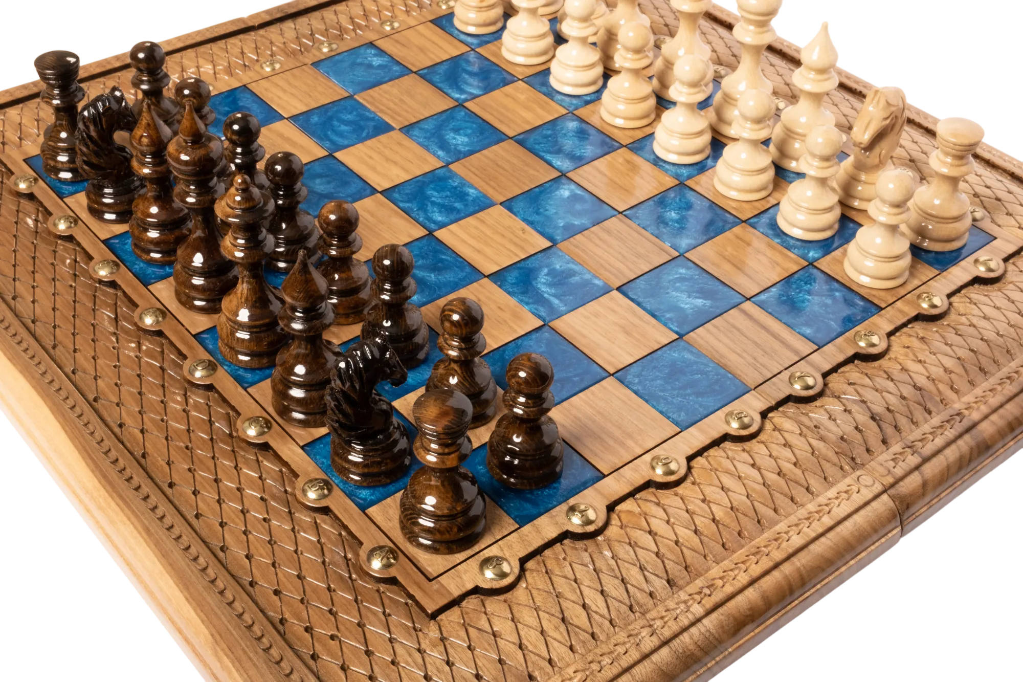 Blue Epoxy Classic Chess with Backgammon. Made for parashuteHome.