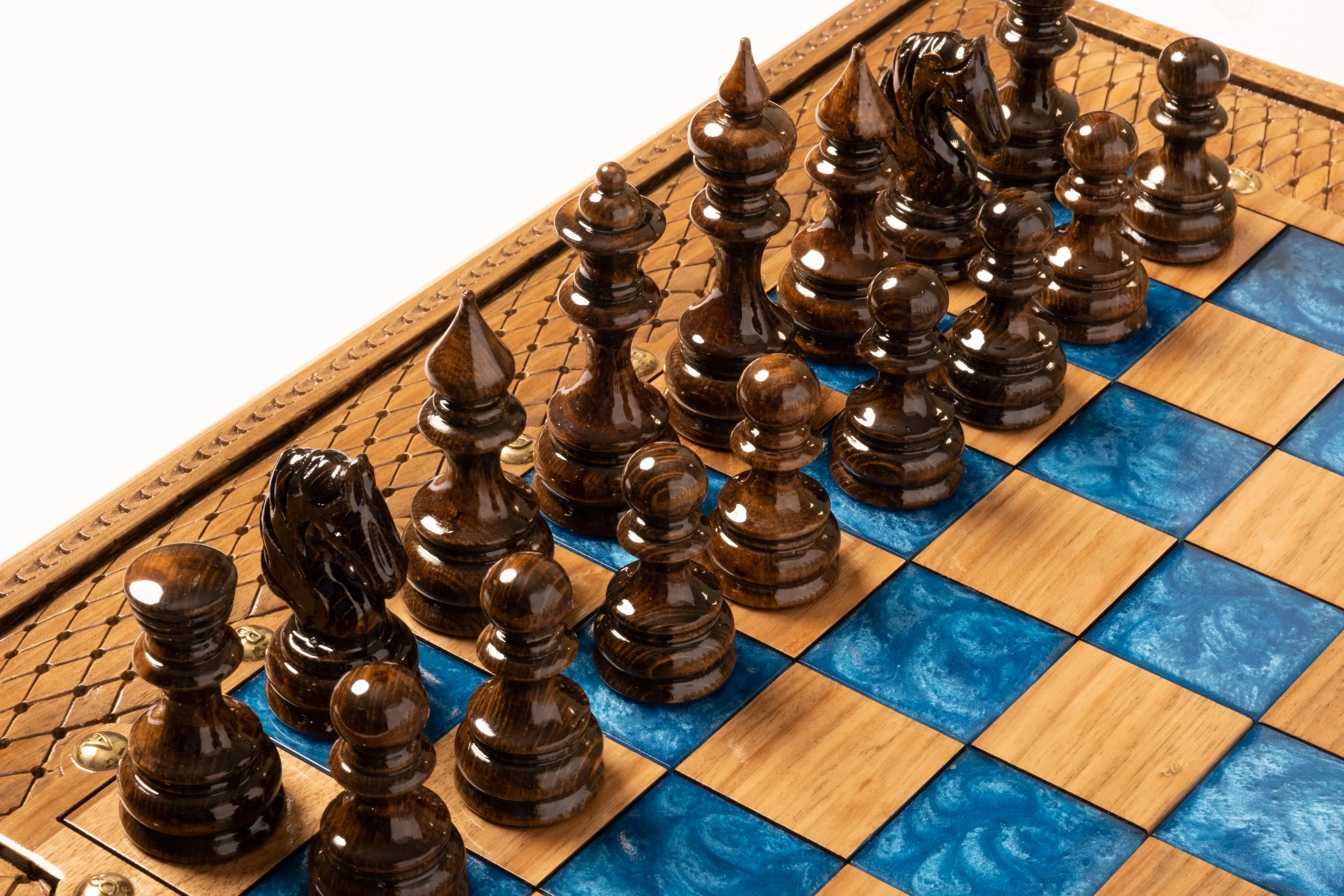 Blue Epoxy Classic Chess with Backgammon. Made for parashuteHome.
