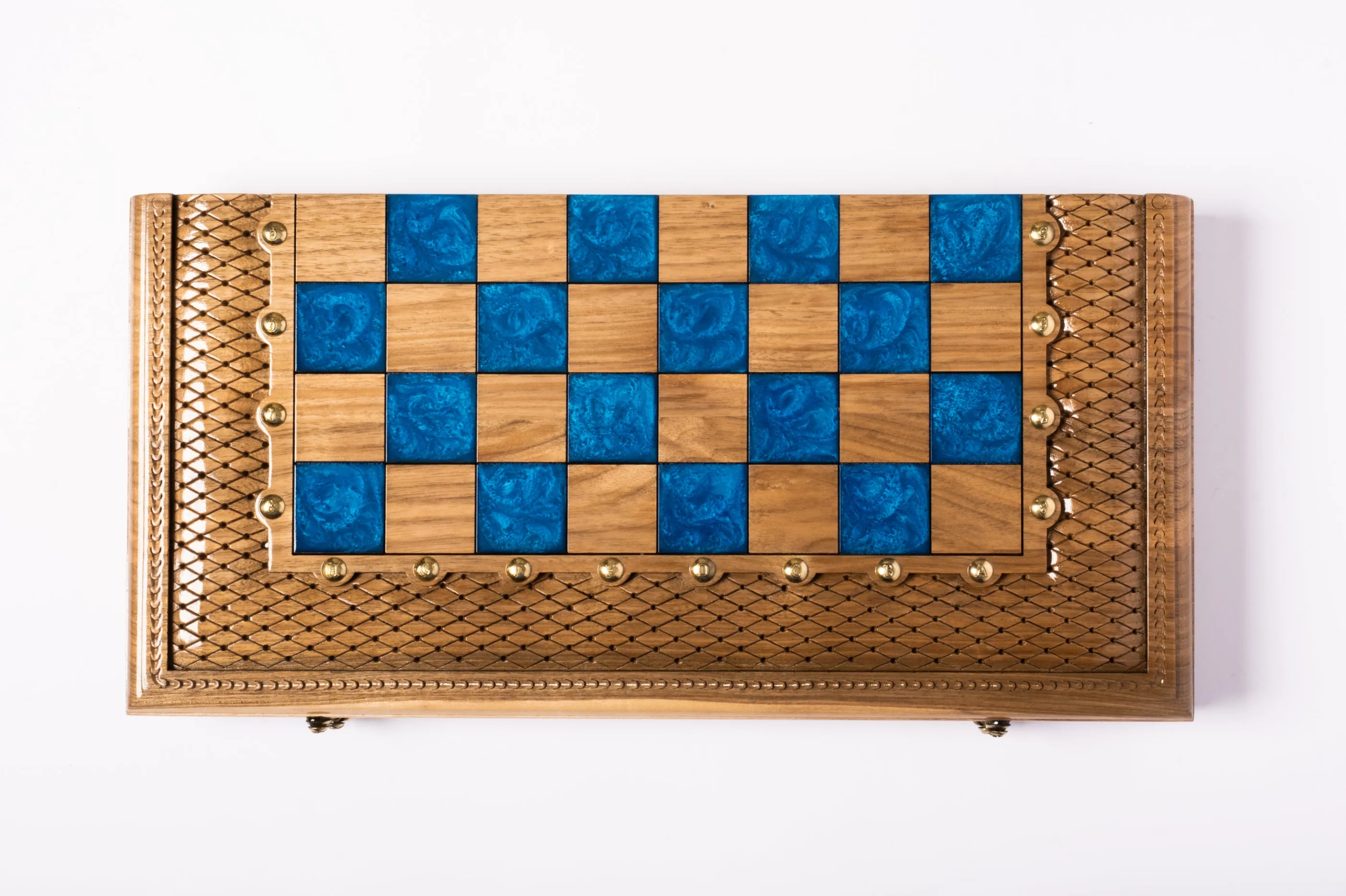 Blue Epoxy Classic Chess with Backgammon. Made for parashuteHome.
