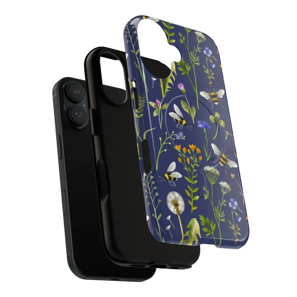 Blue Floral Magnetic Phone Case with Bees and Wildflowers