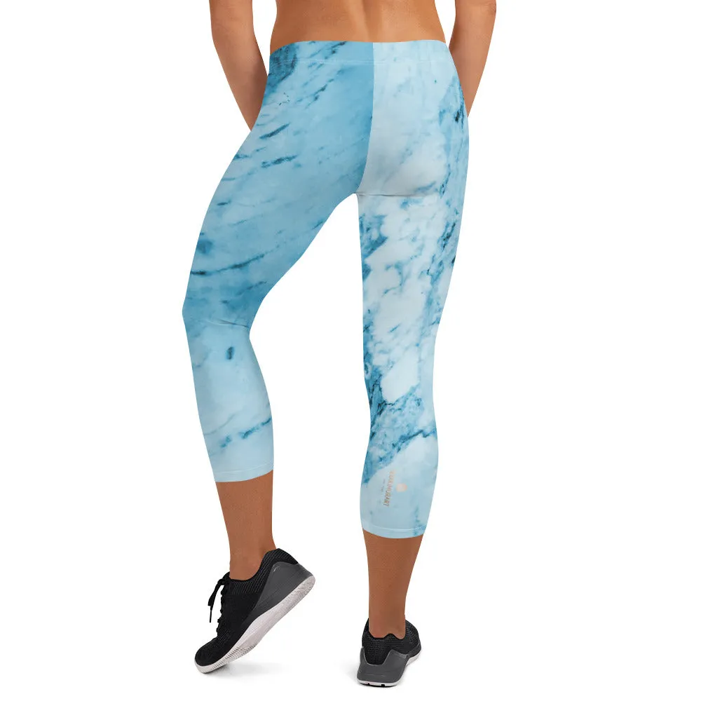 Blue Marble Capri Leggings, Abstract Print Women's Stretchy Capris Tights-Made in USA/EU