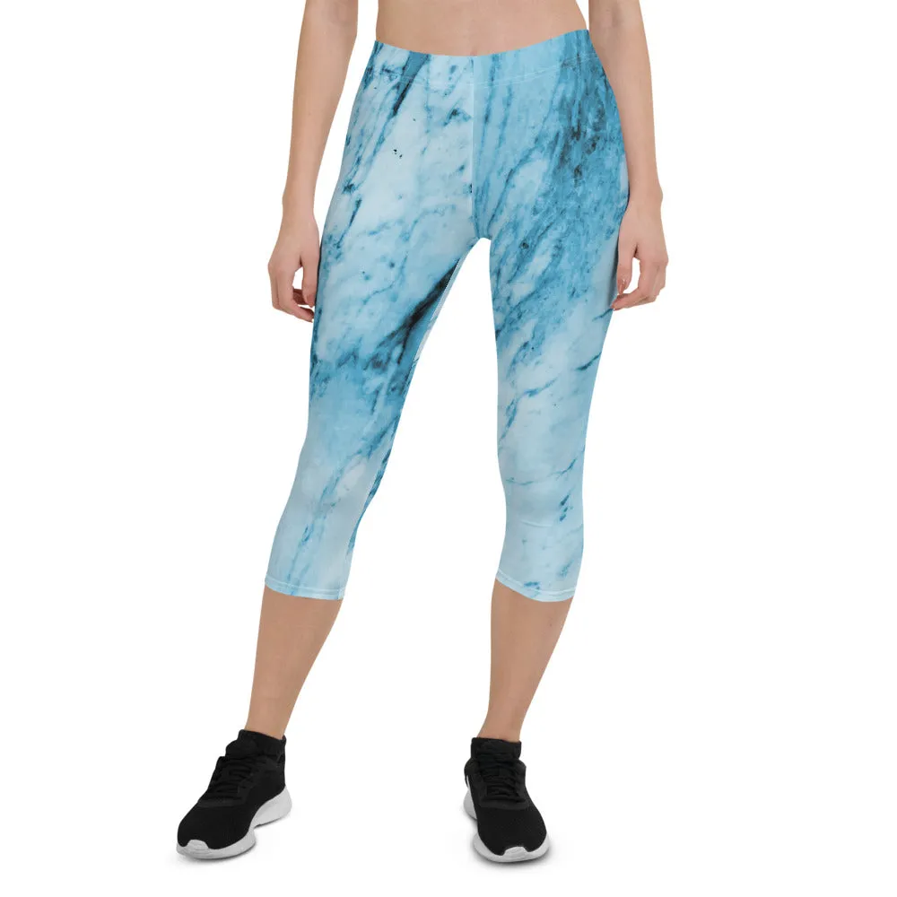 Blue Marble Capri Leggings, Abstract Print Women's Stretchy Capris Tights-Made in USA/EU