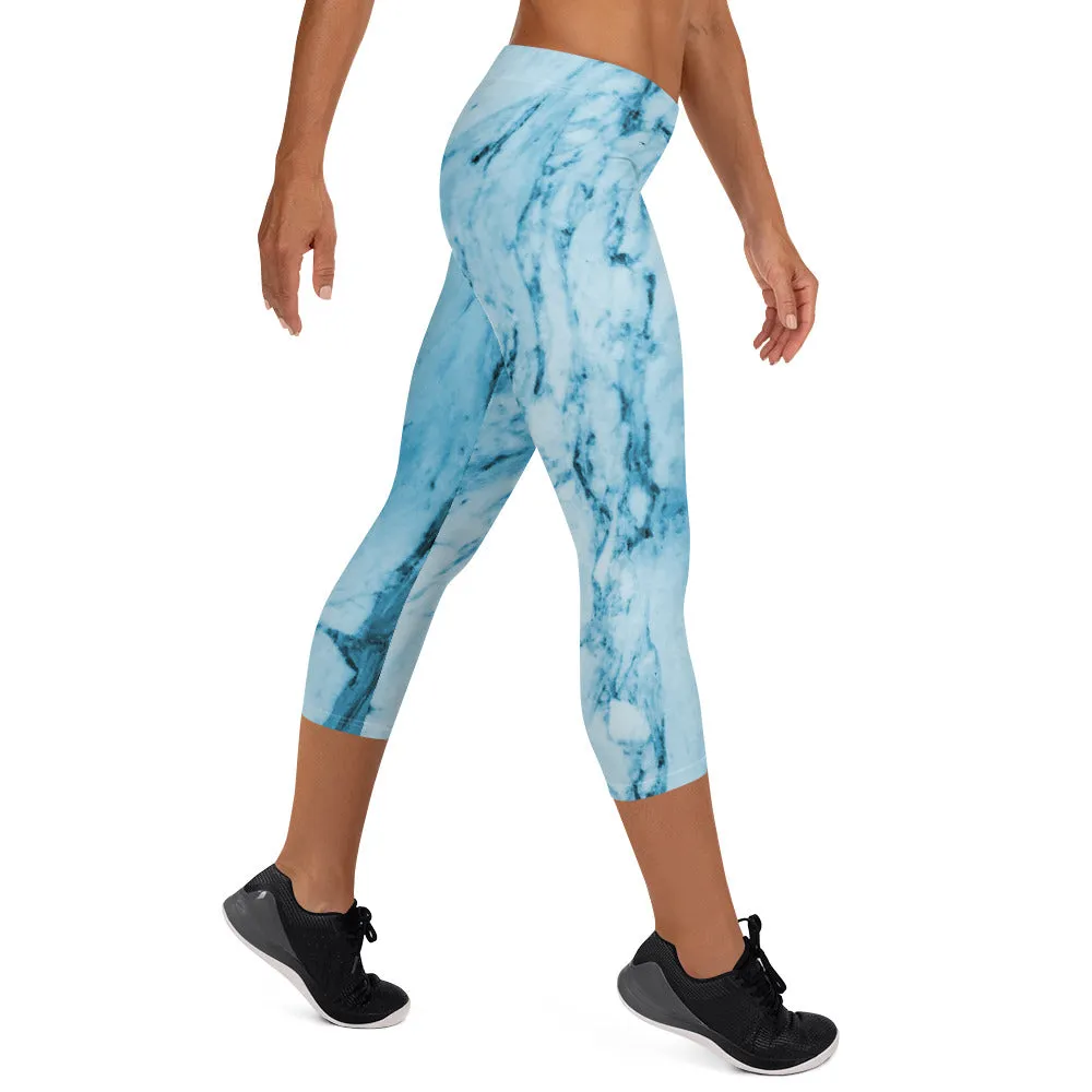 Blue Marble Capri Leggings, Abstract Print Women's Stretchy Capris Tights-Made in USA/EU