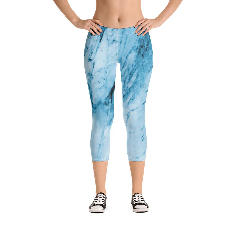 Blue Marble Capri Leggings, Abstract Print Women's Stretchy Capris Tights-Made in USA/EU