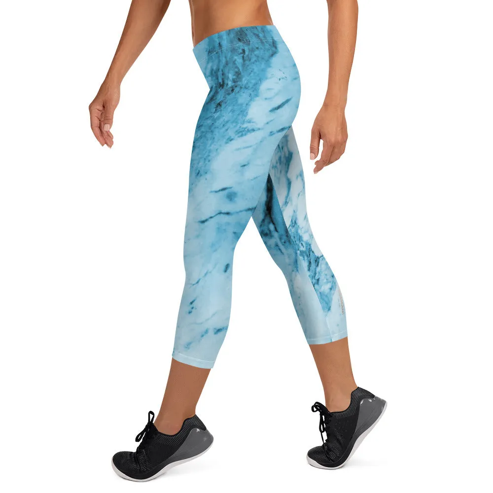 Blue Marble Capri Leggings, Abstract Print Women's Stretchy Capris Tights-Made in USA/EU