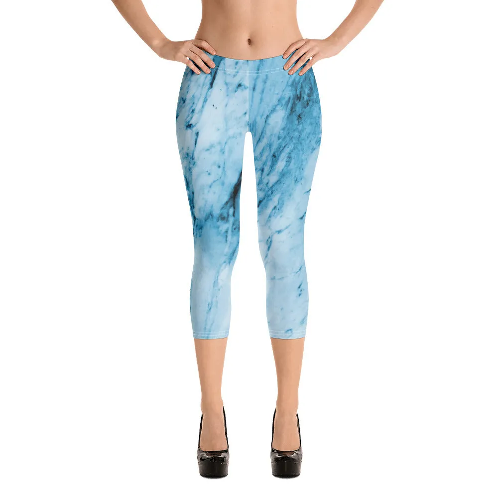 Blue Marble Capri Leggings, Abstract Print Women's Stretchy Capris Tights-Made in USA/EU