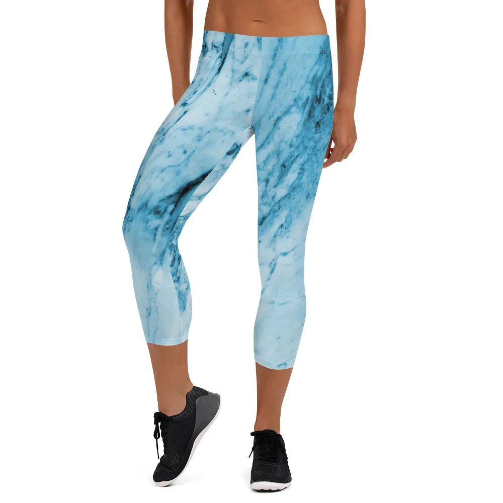 Blue Marble Capri Leggings, Abstract Print Women's Stretchy Capris Tights-Made in USA/EU