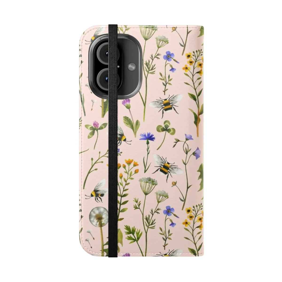 Blush Flip Cover Phone Case with Bees and Wildflowers Design