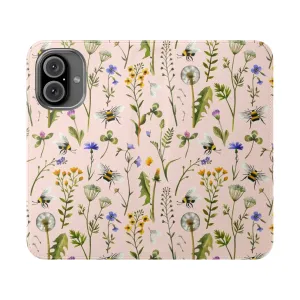 Blush Flip Cover Phone Case with Bees and Wildflowers Design