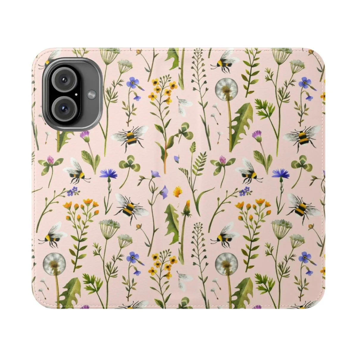 Blush Flip Cover Phone Case with Bees and Wildflowers Design