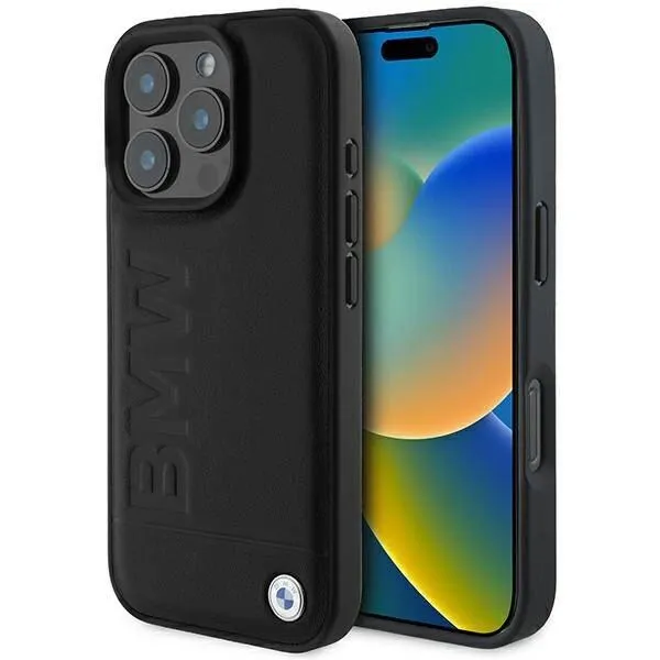 BMW Leather Hot Stamp Case with MagSafe for iPhone 16 Pro 6.3" Black - BMHMP16LSLLBK
