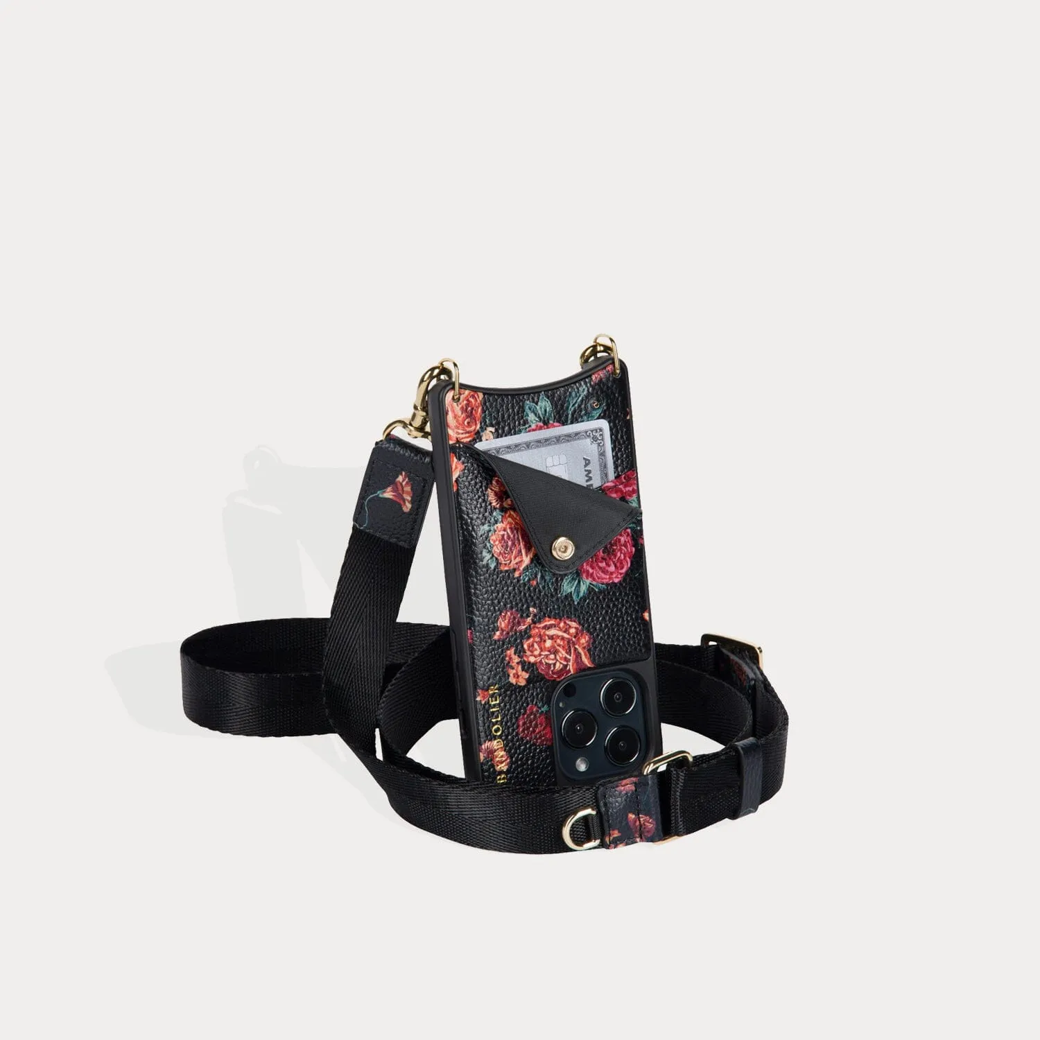 Bobby Floral Crossbody Bandolier - Black Floral/Gold