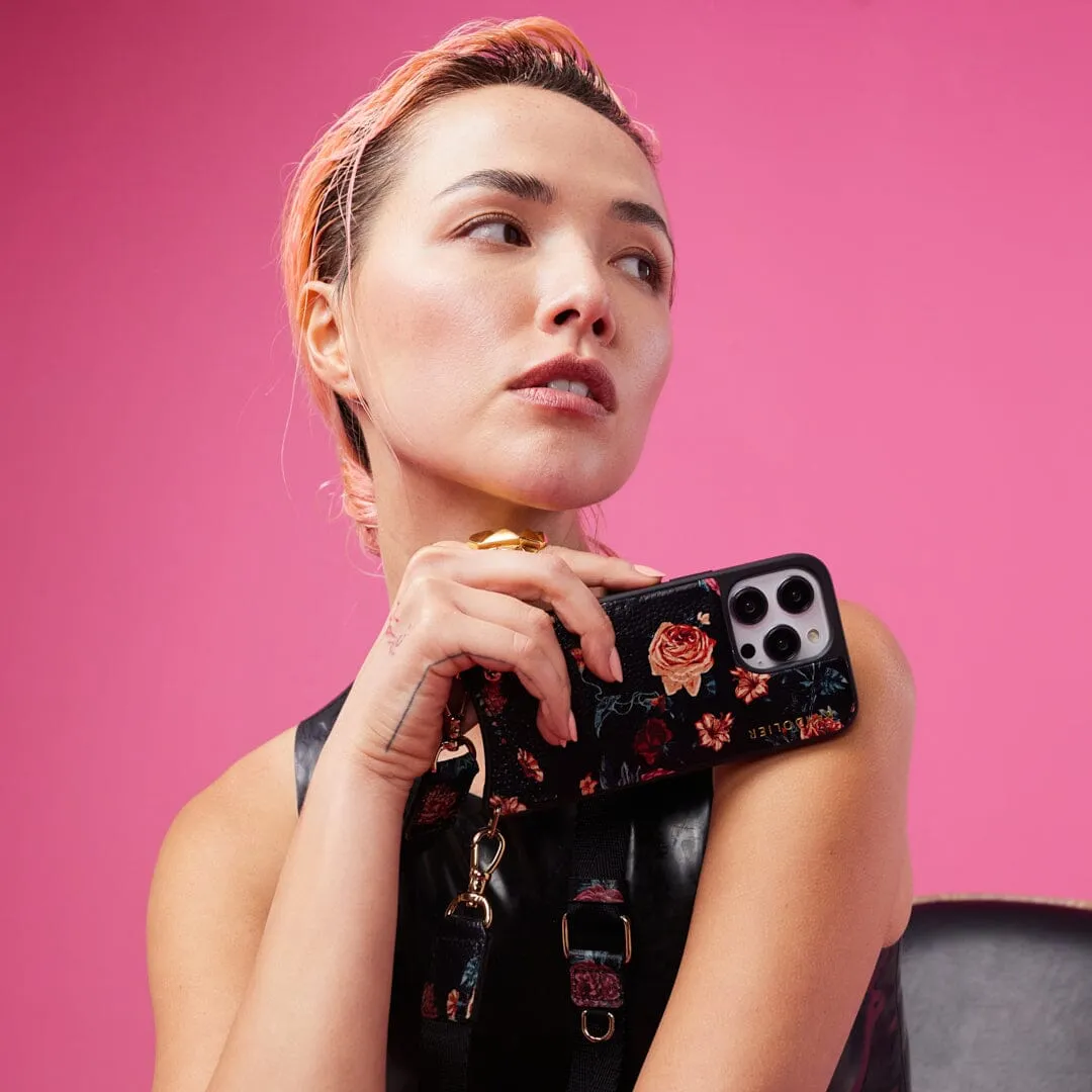 Bobby Floral Crossbody Bandolier - Black Floral/Gold