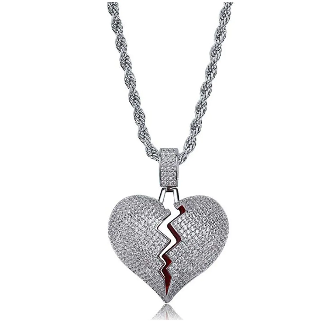 Broken Heart Necklace Heart Break Hip Hop Silver Gold Color Metal Alloy Simulated Diamonds 24in.