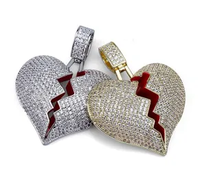 Broken Heart Necklace Heart Break Hip Hop Silver Gold Color Metal Alloy Simulated Diamonds 24in.