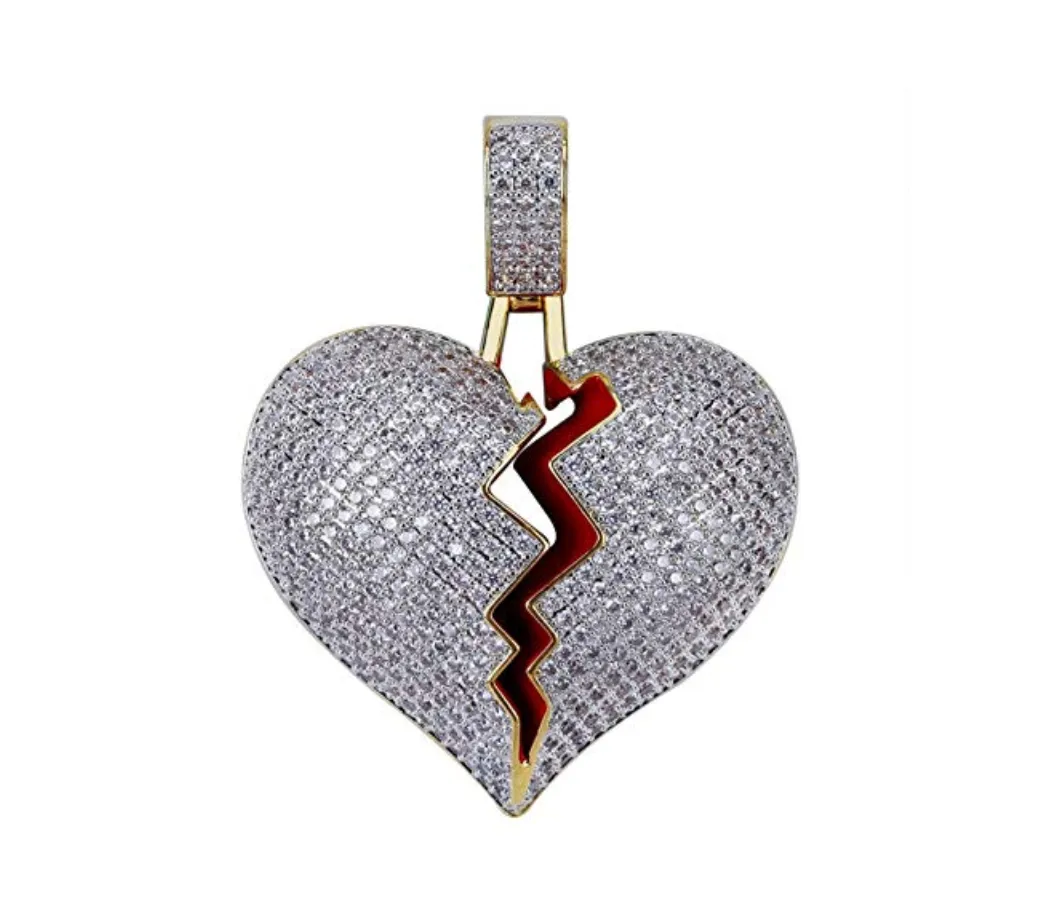Broken Heart Necklace Heart Break Hip Hop Silver Gold Color Metal Alloy Simulated Diamonds 24in.