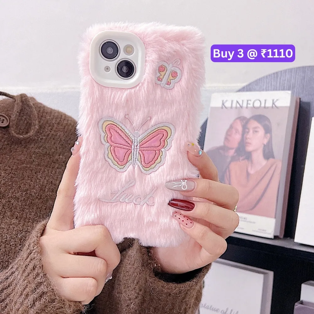 Butterfly Embroided Camera Protection Fur Phone Case - iPhone 15 Pro