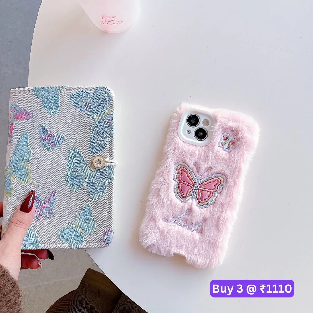 Butterfly Embroided Camera Protection Fur Phone Case - iPhone 15 Pro