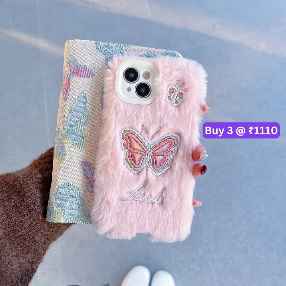 Butterfly Embroided Camera Protection Fur Phone Case - iPhone 15 Pro
