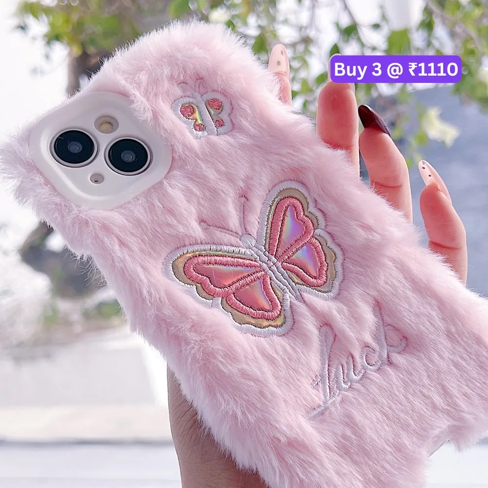 Butterfly Embroided Camera Protection Fur Phone Case - iPhone 16 Pro
