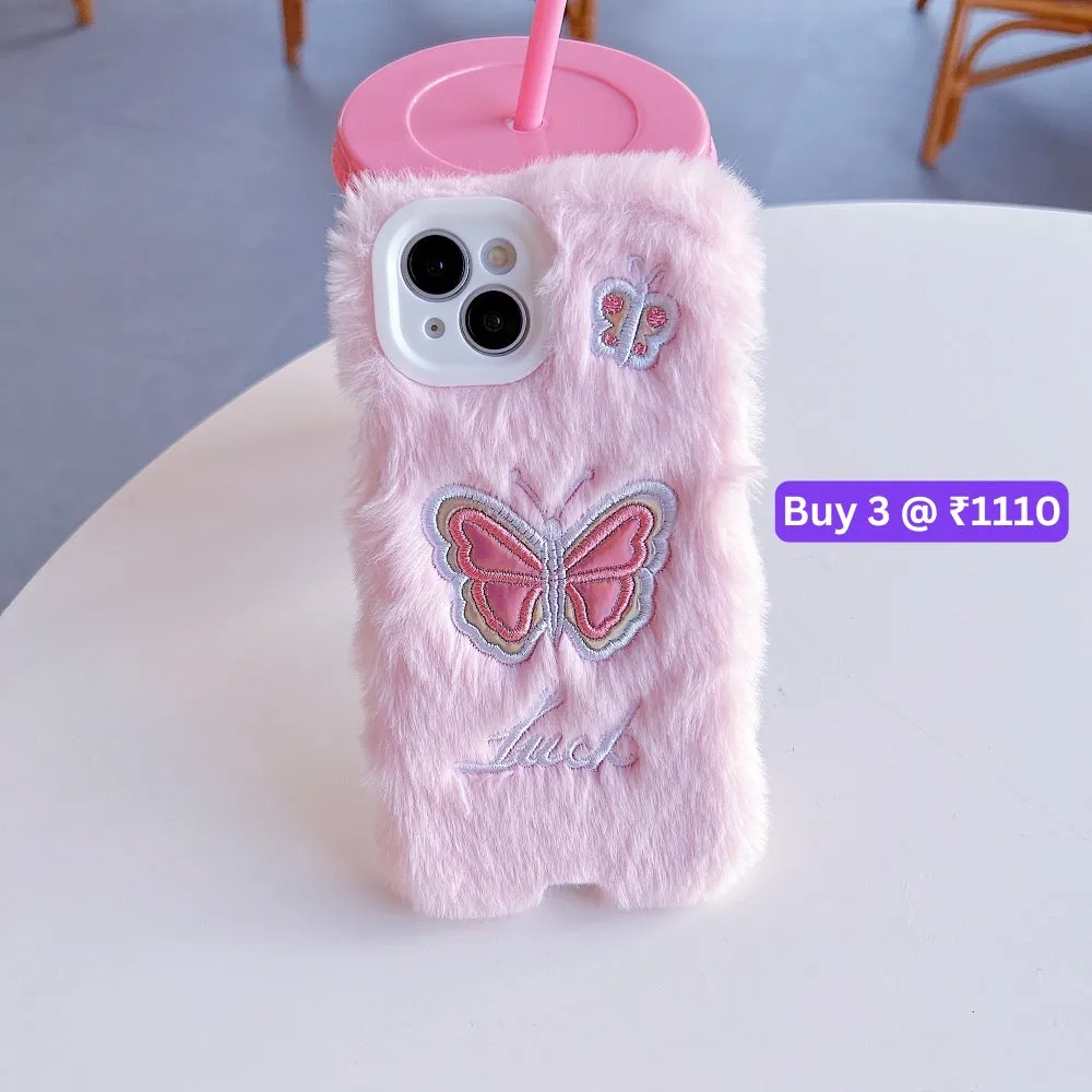 Butterfly Embroided Camera Protection Fur Phone Case - iPhone 16 Pro