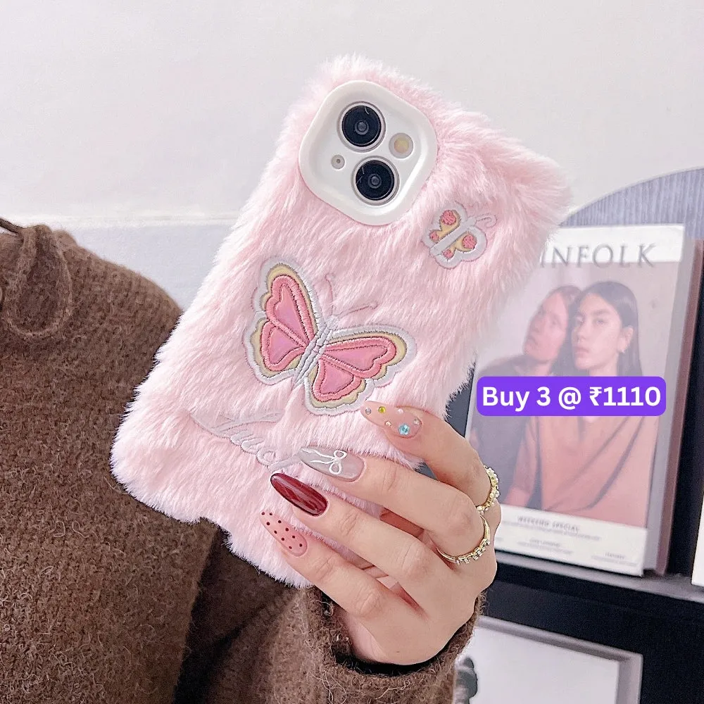 Butterfly Embroided Camera Protection Fur Phone Case - iPhone 16 Pro