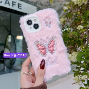 Butterfly Embroided Camera Protection Fur Phone Case - iPhone 16 Pro