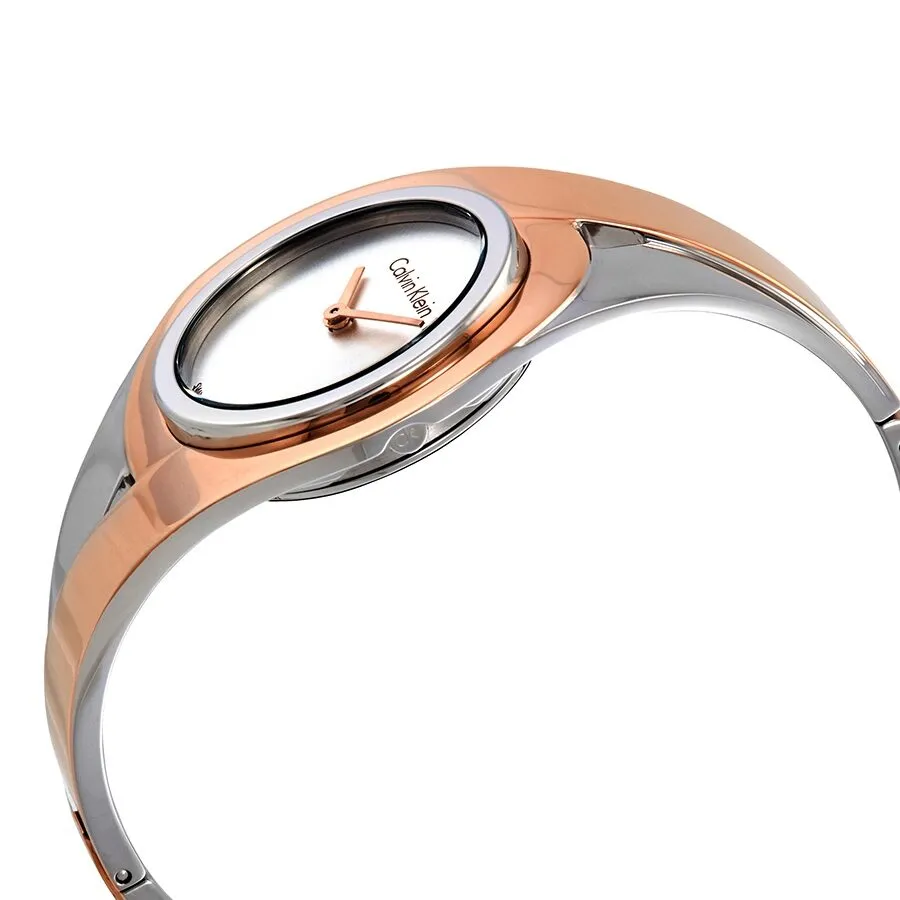 Calvin Klein Sensual Silver Dial Ladies Two Tone Medium Bangle Watch K8E2M1Z6