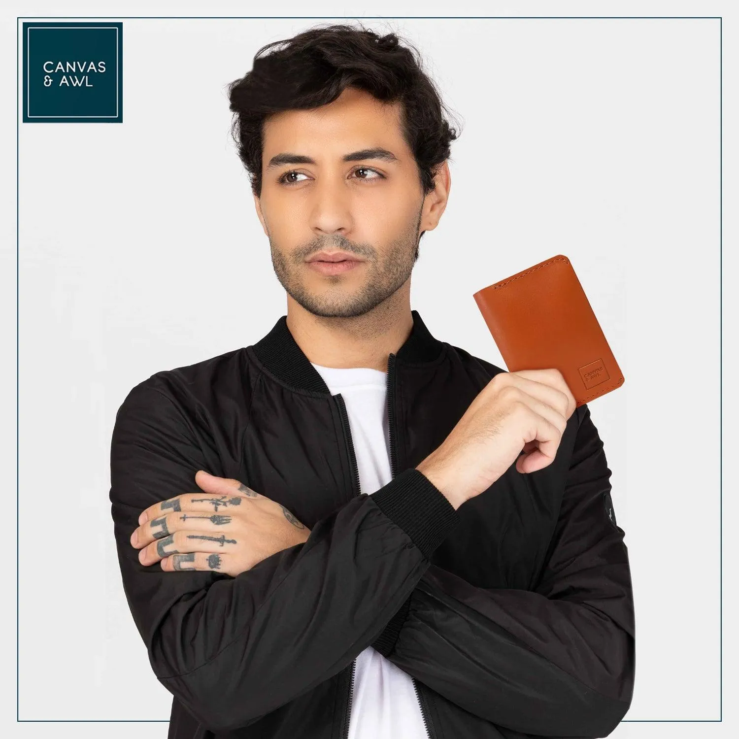 CANVAS & AWL Genuine Leather Card Holder Pocket Sized Slim Minimalist Wallet Business Card Case (Orange)