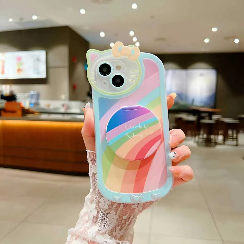 Cartoon Cat Printed TPU Camera Protection Cover with Mirror Stand - iPhone 14 Pro Max